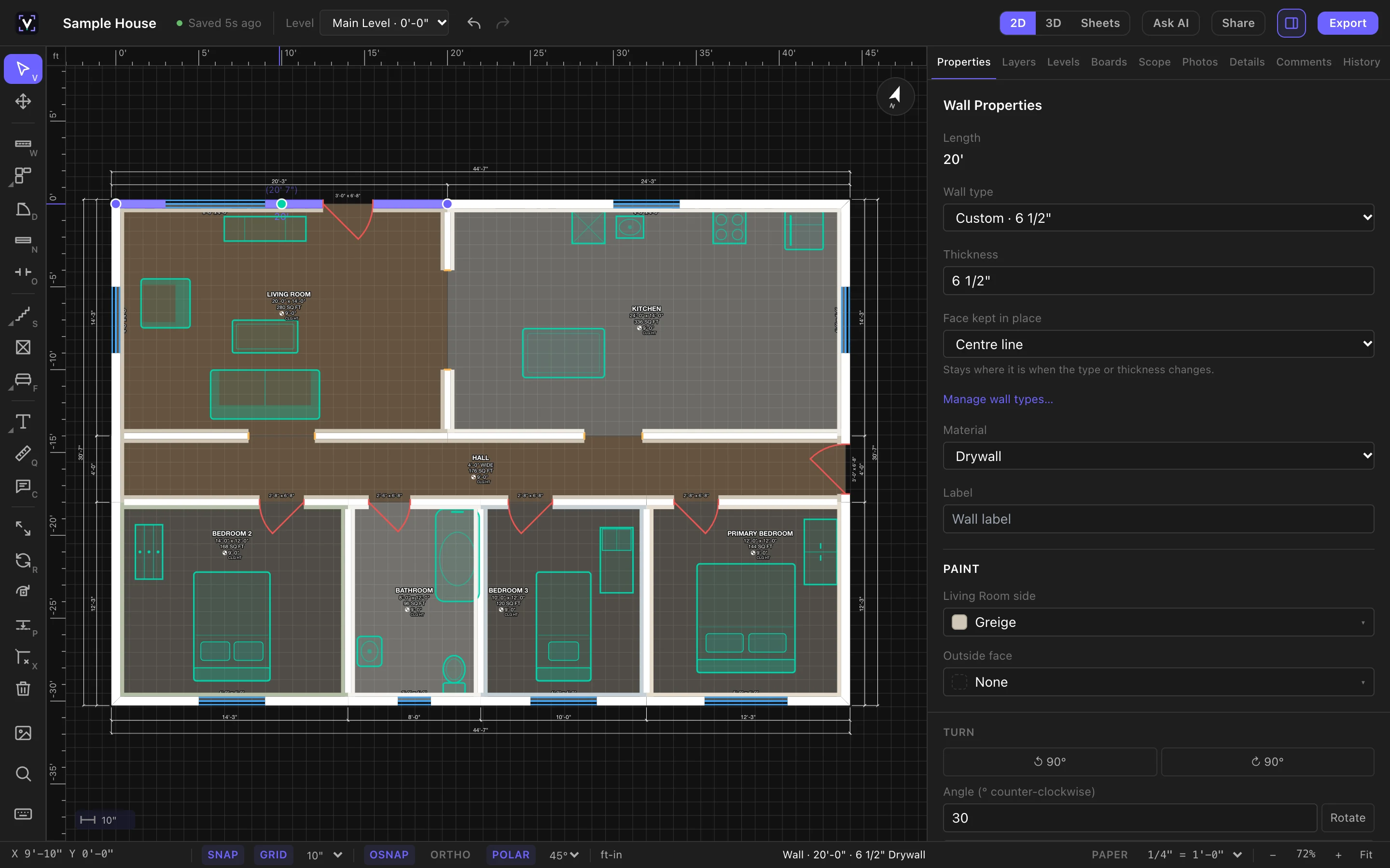 A wall selected in the vPlan web editor, with its length, thickness and wall type in the inspector