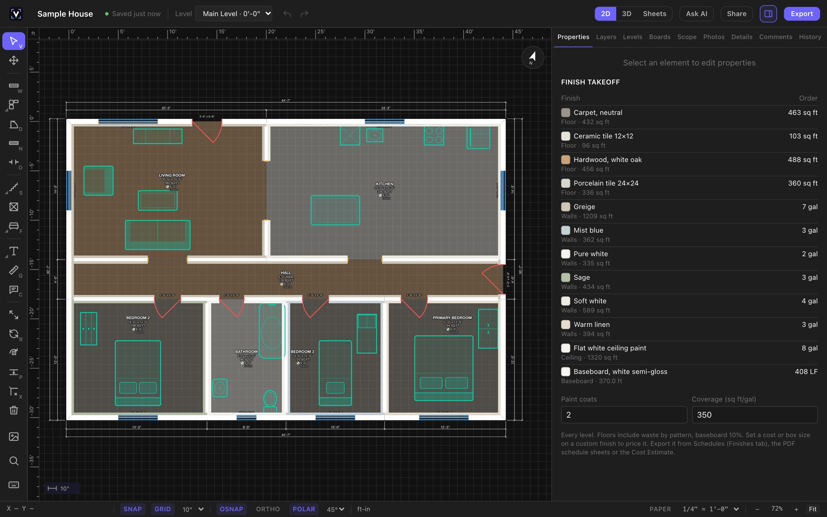 The vPlan web editor showing the sample house floor plan with dimensions and room names, and the finish takeoff in the inspector