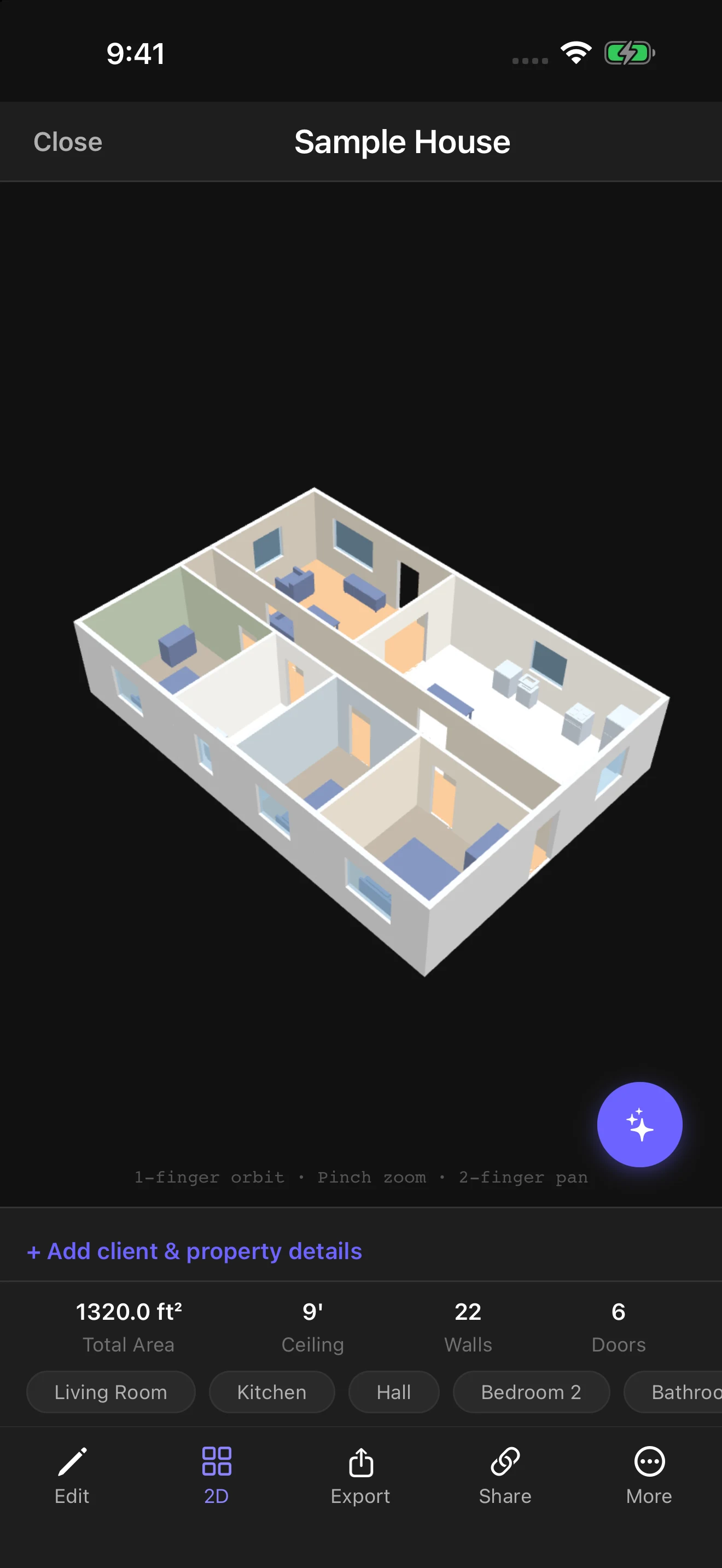 The sample house as a 3D model in the vPlan AR iPhone app, with walls, doors, windows and furniture