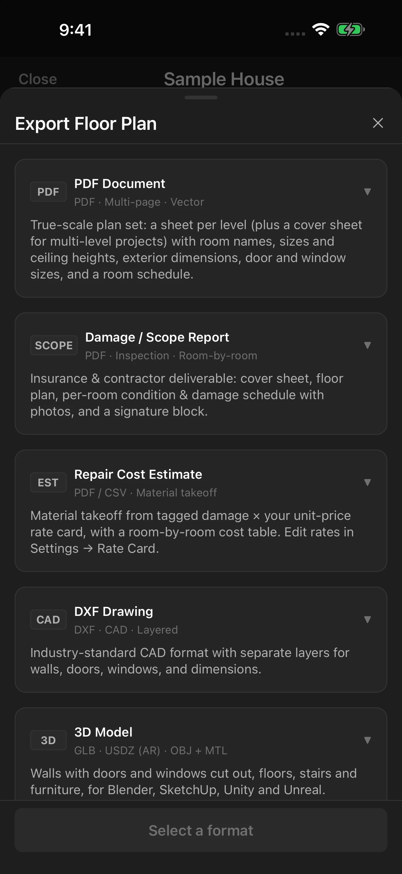The export options in the vPlan AR iPhone app: PDF plan set, damage and scope report, repair cost estimate, DXF drawing and 3D model