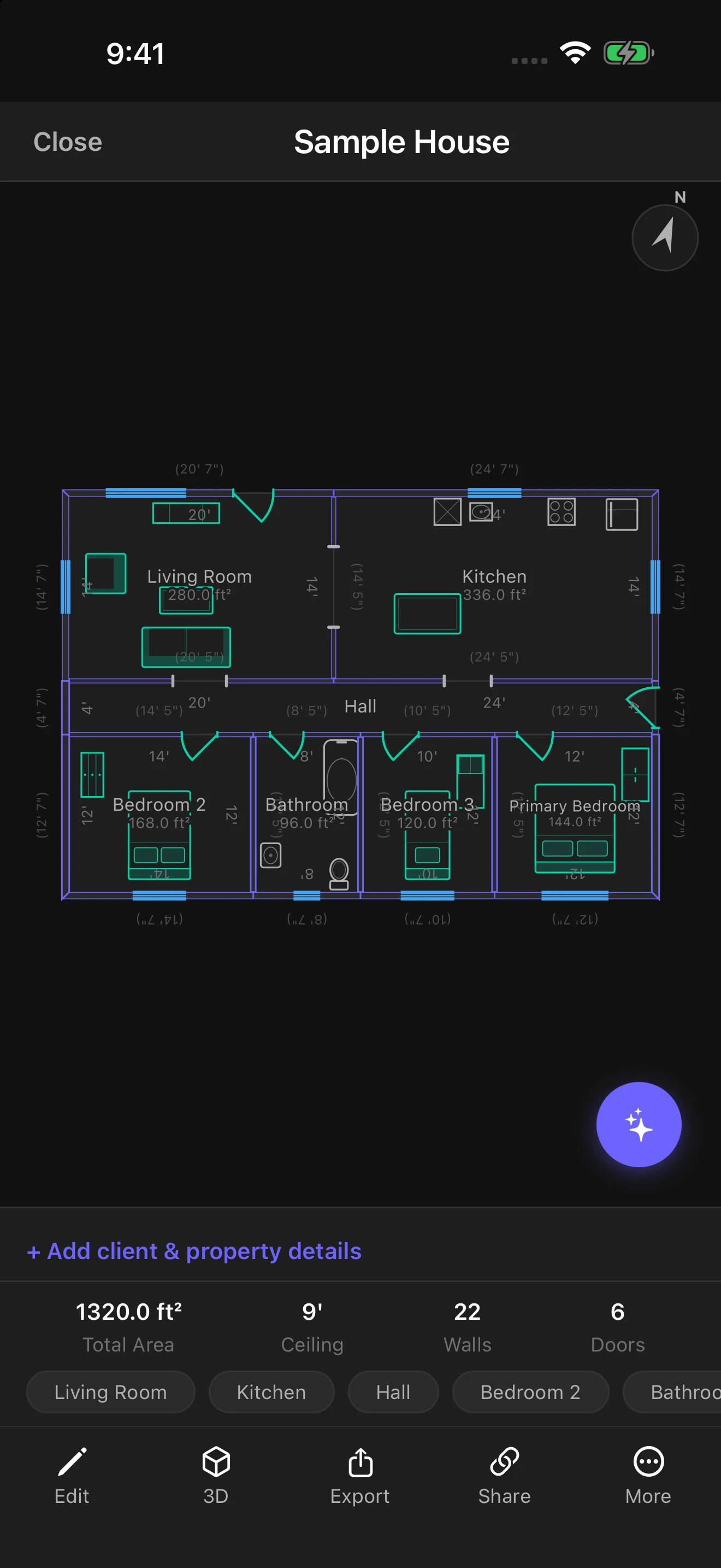 The vPlan AR iPhone app showing the sample house floor plan with room areas, total area, ceiling height, walls and doors